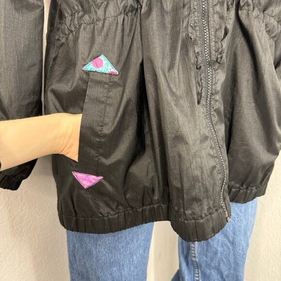 Vintage 80s 90s Zip Windbreaker Bomber Jacket Black Neon Pink Oversized - Picture 6 of 8